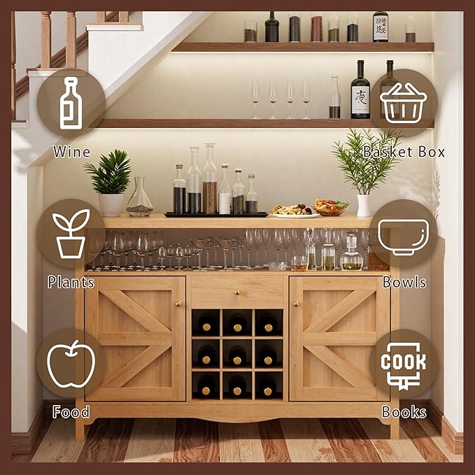 45.7” Wine Cabinet，Farmhouse Home Coffee Bar Sideboard Buffet Cabinet Liquor Storage with 9 Wine Racks & 2 Doors for Kitchen, Living and Dining Room (2, Natural)