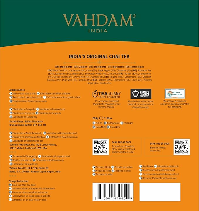 VAHDAM, India's Original Masala Chai Tea Bags (100 Count) No Added Flavoring | Blended w/Exotic Spices | Whole Leaf Tea Bags | Resealable Ziplock Pouch