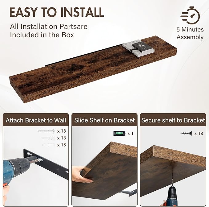 55 Inch Floating Shelves, 12" Deep Floating Shelf Wall Mounted, 55" Wall Shelves, Rustic Deep Bookshelf, Extra Deeper & Thicker Display Shelves for Bedroom, Living Room, Brown, Set of 2
