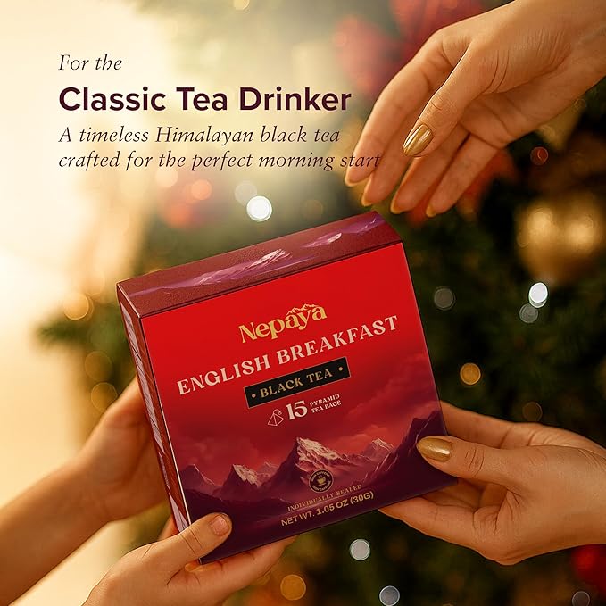 Nepaya English Breakfast Black Tea – 15 Pyramid Tea Bags, Strong & Robust, High Caffeine, Biodegradable, Himalayan Whole-Leaf Breakfast Tea