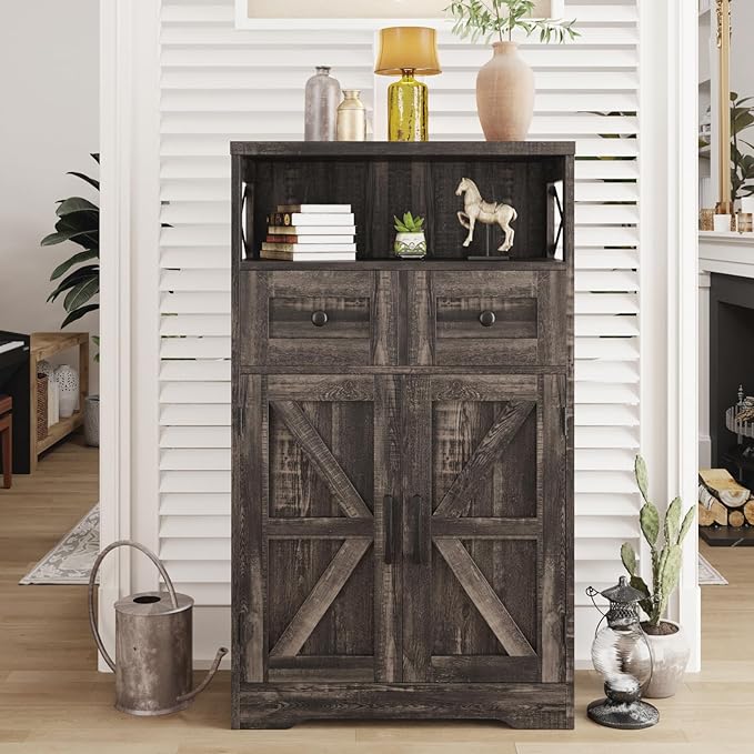 Farmhouse Storage Cabinet with Drawers and Shelf, Freestanding Kitchen Pantry Storage Cabinet, Floor Hutch Cupboard for Kitchen, Living Room, Home Office, Dark Rustic Oak