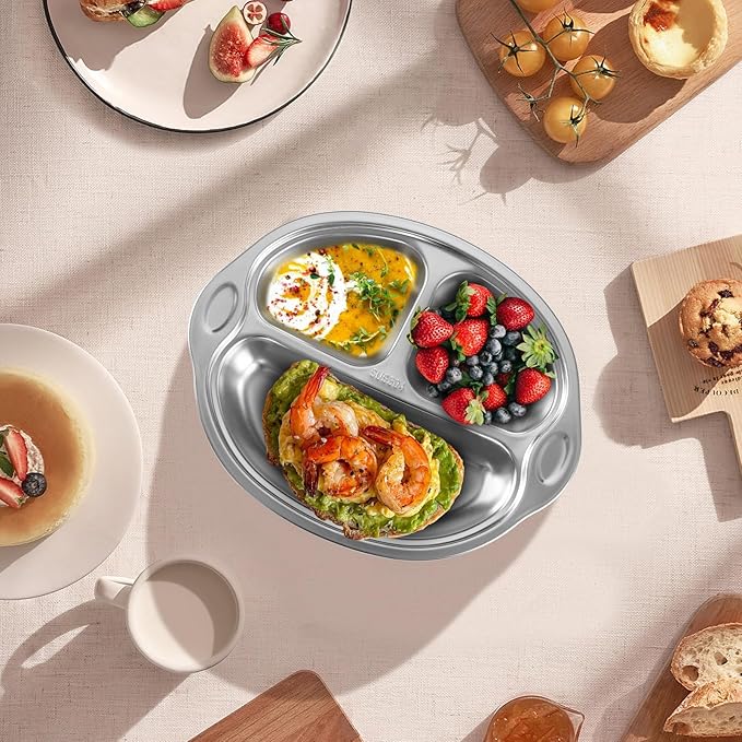 Stainless Steel Baby Suction Plates: Divided Plates for Babies and Toddlers, Made of 100% Food-Grade Materials Ideal for Baby-Led Weaning BPA-Free Toddler Feeding Dishwasher Safe Gray