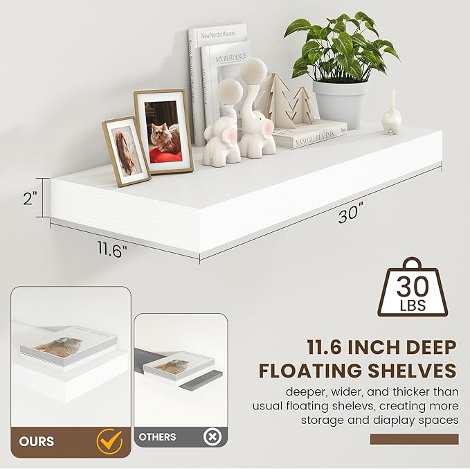 30 Inch Floating Shelves | 12 Inch Deep White Floating Shelves | 30" W x 12" D Rustic Wood Shelves for Wall | Deep White Shelves for Living Room Bathroom Laundry Room Kitchen