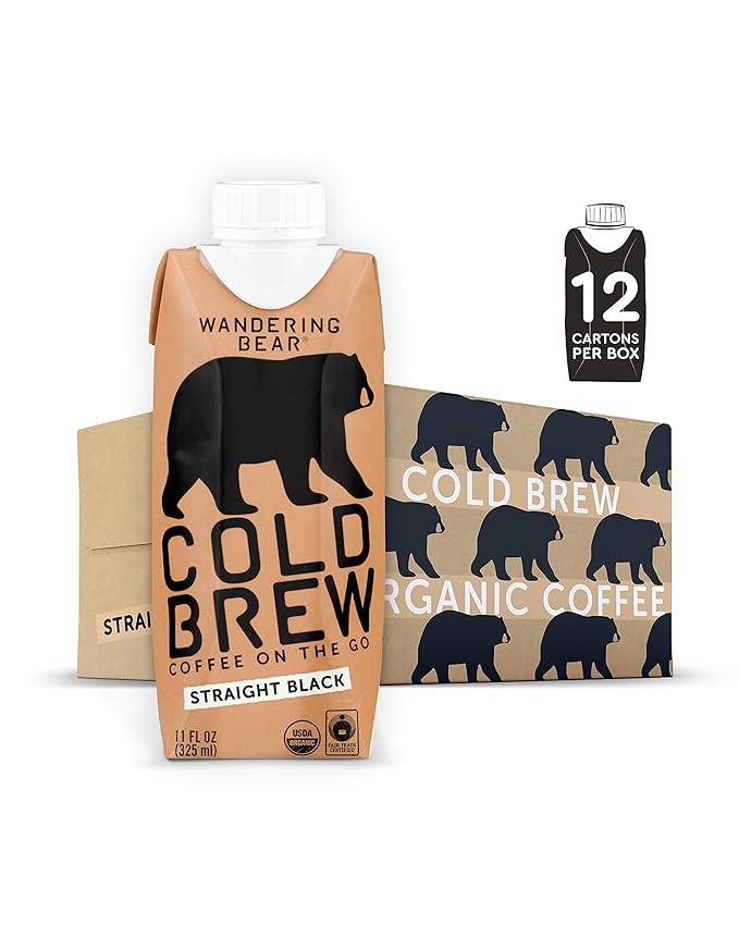 Wandering Bear Straight Black Organic Cold Brew Coffee On-the-Go - Extra Strong, Bold, Smooth, Unsweetened, Shelf-Stable, Ready to Drink, 100% Organic Iced Cold Brewed Coffee Drink -11 fl oz, 12 pack