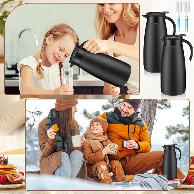 Uiifan 2 Pcs 51 Oz Thermal Coffee Carafe Stainless Steel Insulated Vacuum Coffee Carafes Double Walled Vacuum Thermal Pot Flask with Brushes for Keeping Cold Hot Tea Water Milk Home Office (Black)