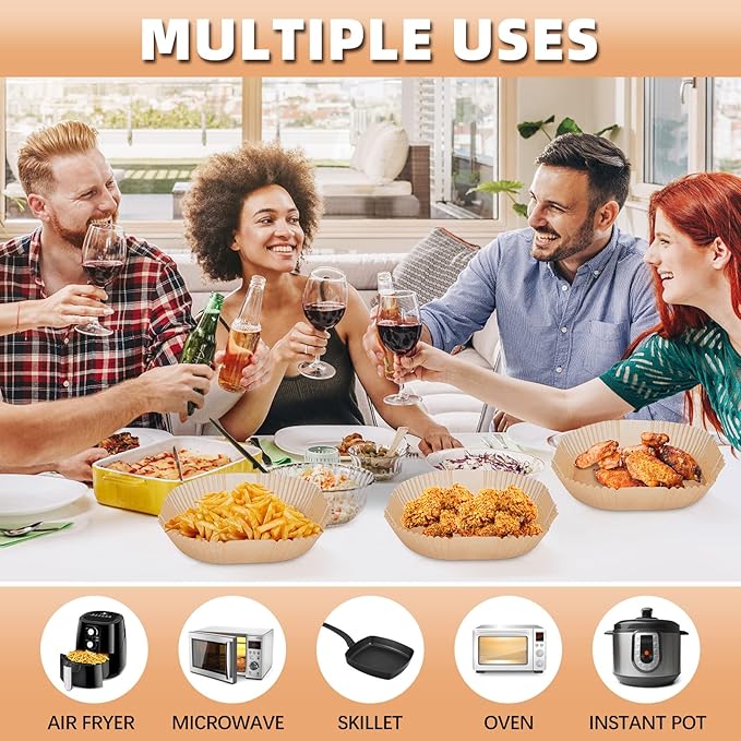 Air Fryer Liners Disposable 7.9” Square Airfryer Liners, 100 Pcs Air Fryer Parchment Paper Liners, Non-Stick airfryer paper liners, Air Fryer Cheat Sheet Magnets Over 200 Foods (Air Fryer Accessories)