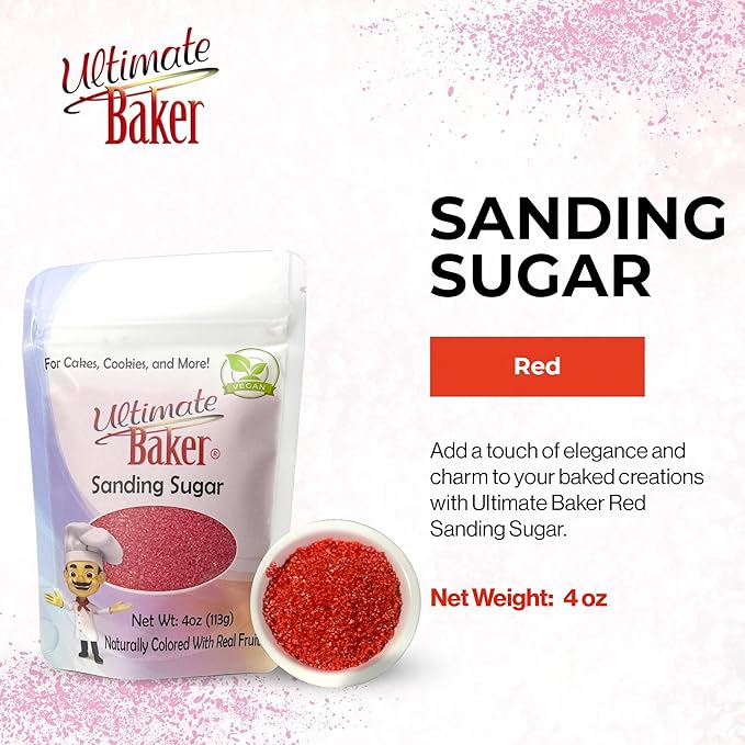 Ultimate Baker - Sanding Sugar, Red - Vibrant, Naturally Colored Baking & Decorating Sugar, Perfect for Sprinkling on Cakes, Desserts & Confections, Medium Crystal - 4oz
