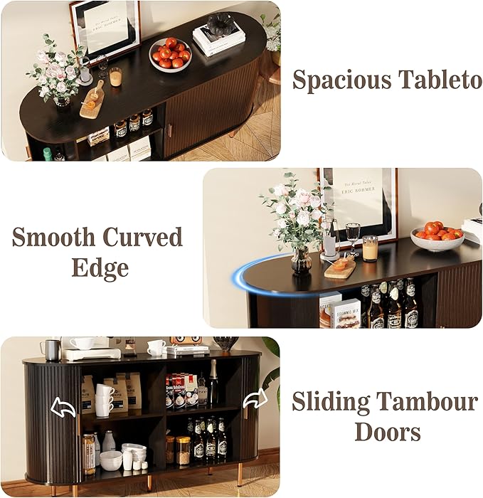 DHH Sideboard Buffet Cabinet with Storage,Mid Century Modern Fluted Accent Coffee Bar Console Table,Tambour Sliding Doors& Adjustable Shelf for Kitchen, Living Room, Entryway(Black, 55 Inch)