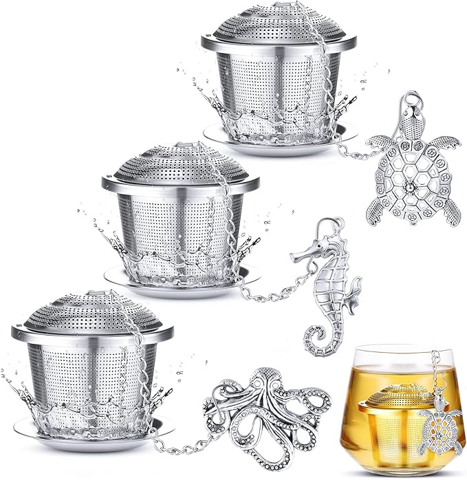 Tea Infusers for Loose Tea 3 Sets Loose Leaf Tea Steeper Tea Strainer Stainless Steel Tea Ball for Loose Tea Holder Tea Mesh Strainer Tea Filters with Drip Trays and Pendant (Aquatic Creatures Style)