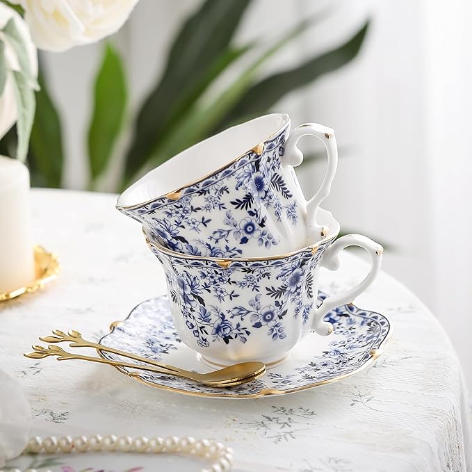 TATSUMI Country Roses 18 Peices Bone China Tea Cup And Saucer Set, English Vintage Tea Cups Of 6 For Women And Tea Party Sets（QH,6 SETS）