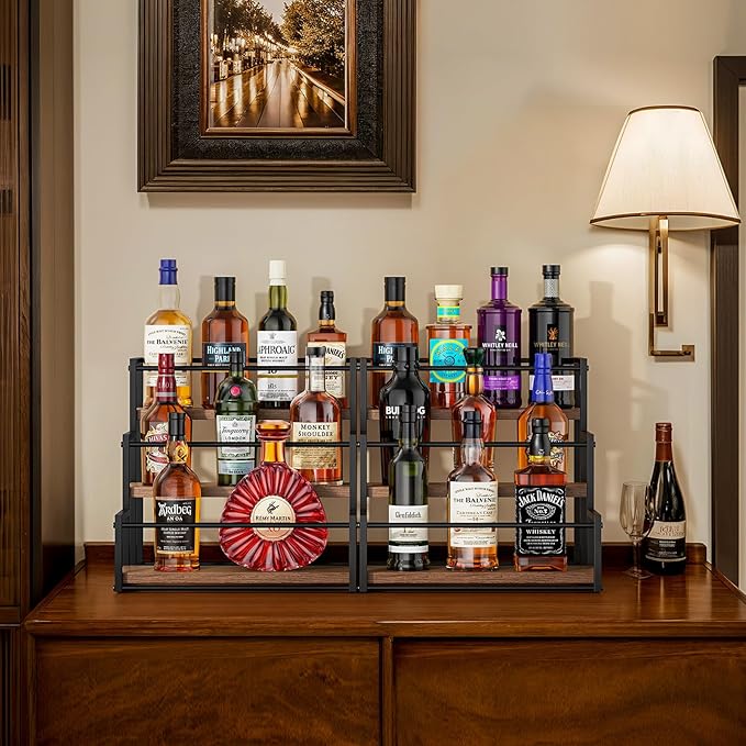 THYGIFTREE Liquor Bottle Display Shelf 3 Tier Rack Holder Bar Shelf Stand for Wine Whiskey Risers Organizer Kitchen Countertop