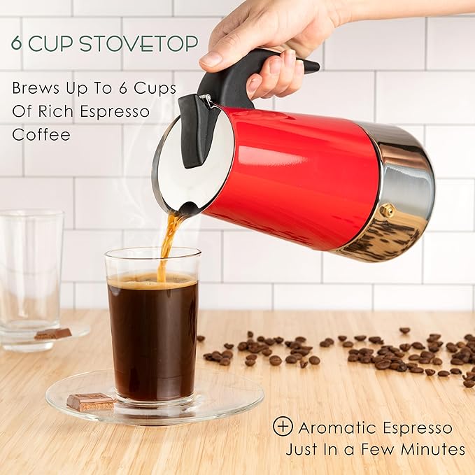 Mixpresso Red 6 Cup Greca Stovetop Espresso Pot 300ml/10oz, Moka Pot with Coffee Percolator Design, Stainless Steel Stove Top Coffee Maker for Camping or Home Use,Italian Stovetop Espresso Maker