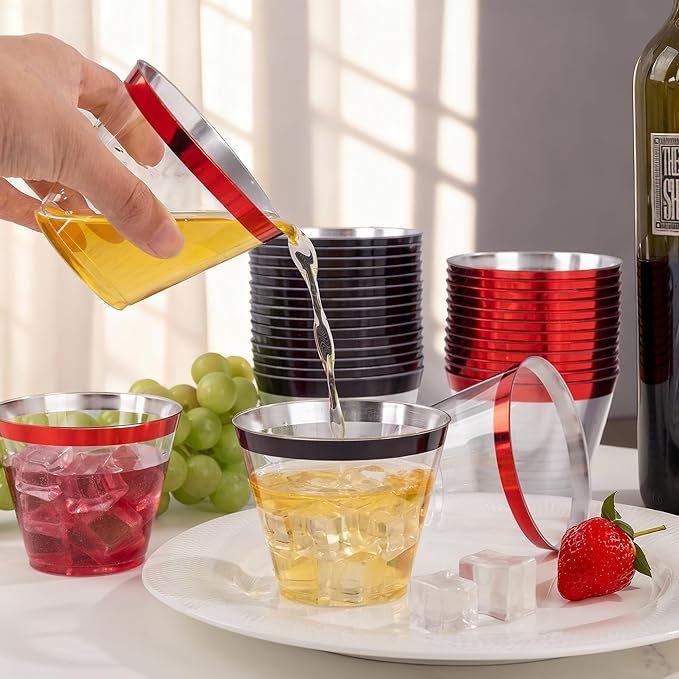WELLIFE 120PCS Black and Red Cups,9 OZ Clear Plastic Cups,Plastic Cocktail Glasses,Disposable Wine Glasses for Parties(60 Red, 60 Black)