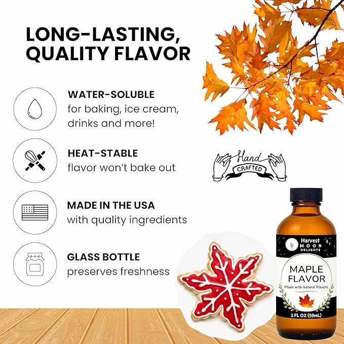 Natural Maple Extract for Baking, Ice Cream, Drinks, and Candy - 2 oz - Water-Soluble - By Harvest Moon Delights - Flavoring, Flavor