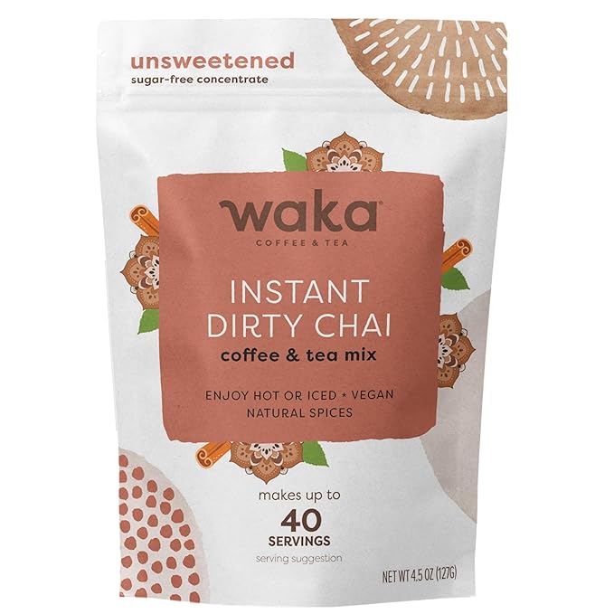 Waka Dirty Chai - Instant Coffee and Tea Powder Mix, Sugar Free, Pure Leaves from India With Arabica Coffee and Natural Spices, Unsweetened (4.5oz Pouch, 40 Servings)