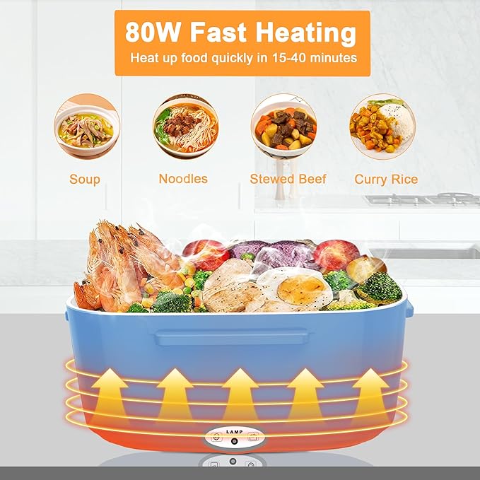Heated Lunch Boxes for Adults, 80W Electric Lunch Box Food Heated 12/24/110V 1.5L Heatable Lunch Box for Car/Truck Leak-Proof Removable Stainless Steel Container, Fork & Spoon, Bag