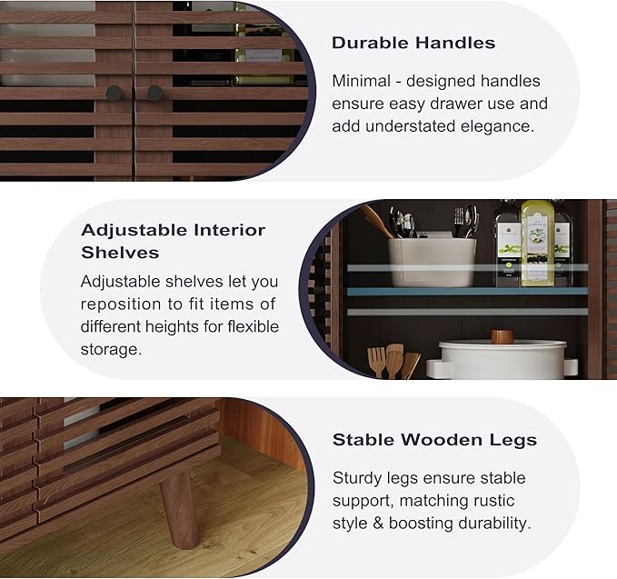 47" W Buffet Cabinet with 4 Slatted Doors, Mid-Century Buffet Sideboard with Shelves, Accent Storage Cabinets Cupboard Console for Living Room Kitchen Hallway, Walnut