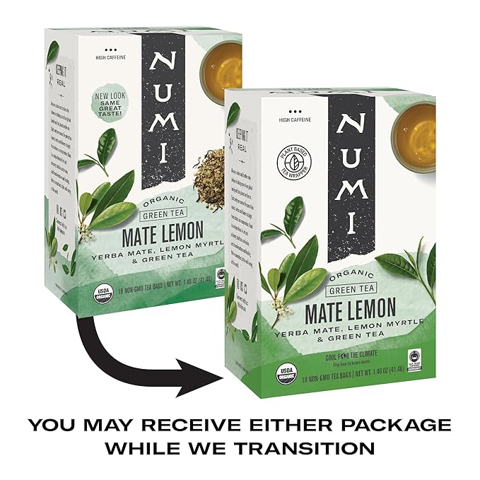 Numi Organic Maté Lemon Tea, 18 Green Tea Bags, Micro-Plastic Free