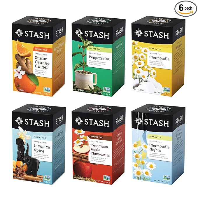 Stash Tea Soothing Herbal Tea 6 Flavor Variety Pack, 6 Boxes With 18-20 Tea Bags Each