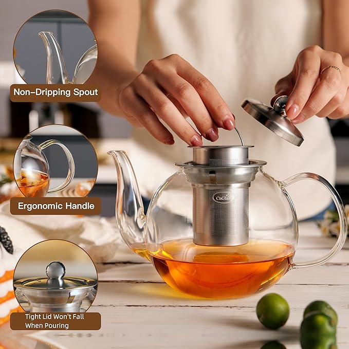 CNGLASS 900ml Glass Teapot with Removable Infuser,Clear Tea Kettle Stovetop Safe,Blooming and Loose Leaf Tea Maker