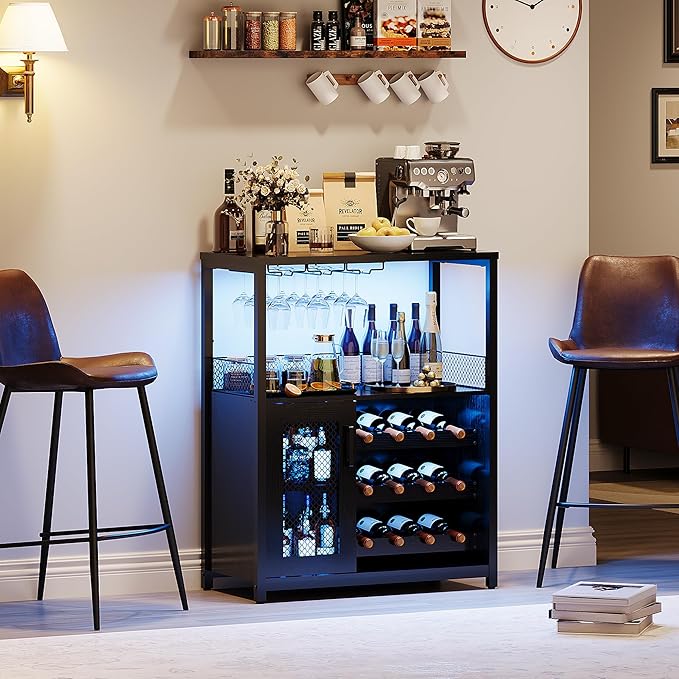 Vintage 3-Tier Wine Bar Cabinet with Adjustable Shelves, Glass Holders, Mesh Door, Small Buffet Sideboard Liquor & Coffee Bar Cabinet for Kitchen, Dining Room, Living Room