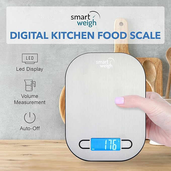 Smart Weigh Stainless Steel Digital Kitchen Scale for Cooking, Weight Loss, Calorie Tracking, Baking, Food Portion Control, and Meal Prep - Accurate Measurements in Grams and Ounces