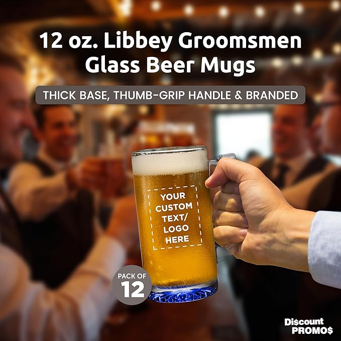 12 Libbey Beer Mugs Set, 12 oz. - Customizable Text, Logo - Groomsmen Glassware - Blue