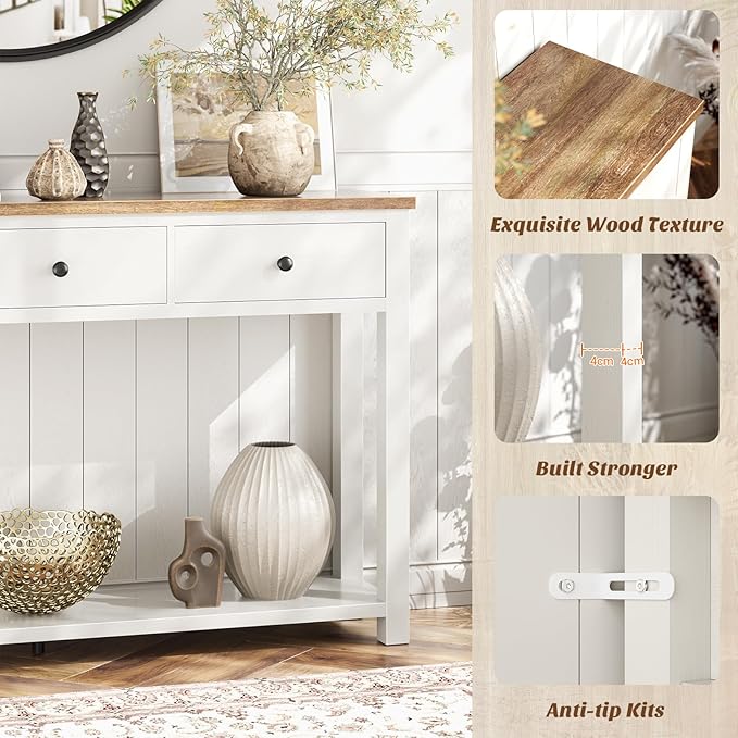 Homieasy Farmhouse Console Table with 2 Drawers, 32 Inch Small Sofa Table with Storage Shelf for Living Room, Behind Couch, Entryway Table for Hallway, Living Room, or Foyer, Brown and Antique White