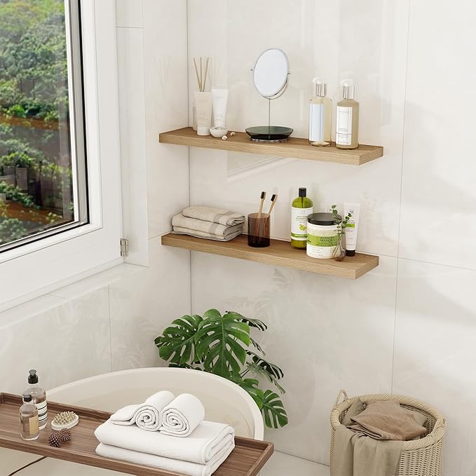 Fun Memories Floating Shelves for Wall, 27.5" Rustic Wood Deep Wall Mounted Shelves with Invisible Brackets for Decor & Storage, Floating Shelf for Living Room, Bathroom (Oak, Set of 2)