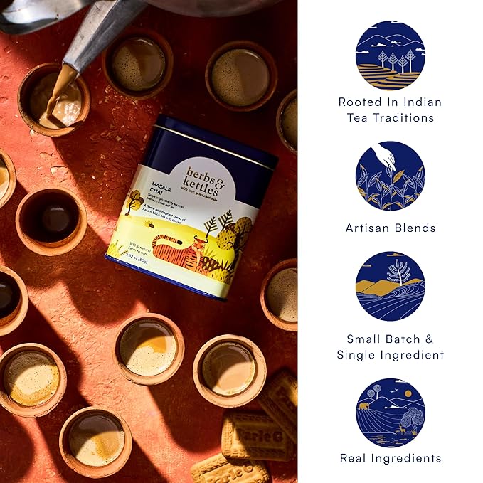 Herbs & Kettles Tea Gift Combo Set - Masala Chai, Calming Golden Latte & Lavish Blue Tea - Premium Loose Leaf Tea Collection - Relaxing, Energizing, and Refreshing Tea Variety Pack (3 Pack)