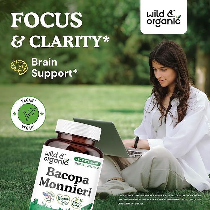 Wild & Organic Bacopa Monnieri Capsules 600 mg - Brain Support - Natural Bacopa Supplements - Brahmi Capsules - 120 Days of Supply - Vegan, No Fillers, Non-GMO - 120 Count