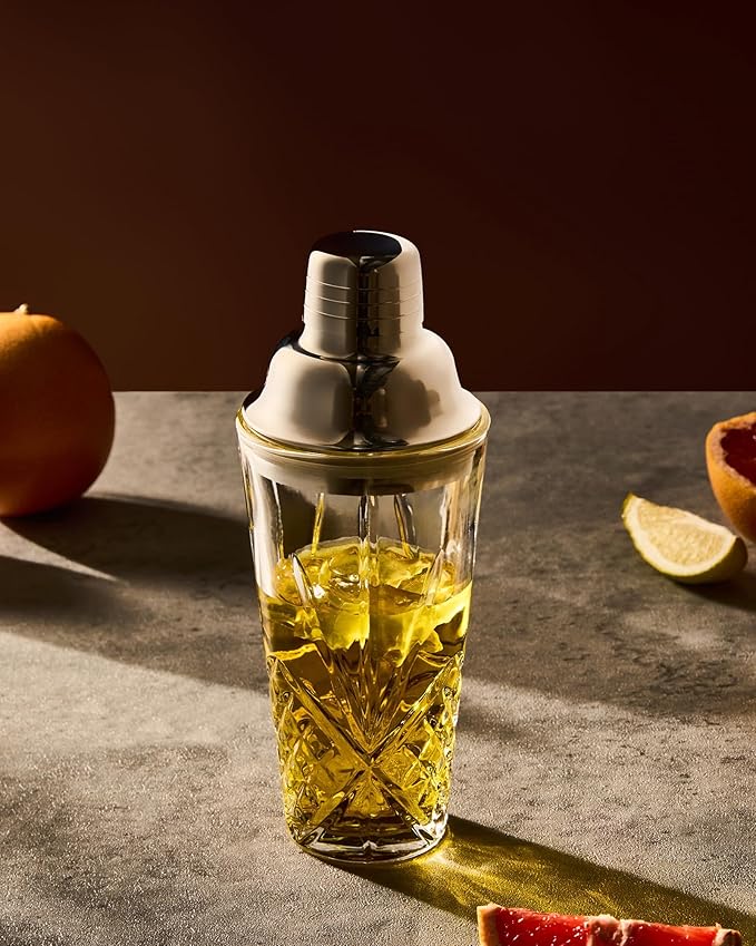 Glass Cocktail & Drink Shaker,15oz Cutting Design - Exquisite Martini Shaker for Elevated Mixology. Perfect for Crafting Artisan Cocktails, Martinis. (Including a Metalic Black Pourer)