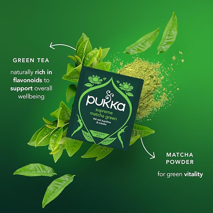 Pukka Supreme Matcha Green Organic Herbal Tea, Energizing Infusion Organic Tea Selection, with Matcha Powder, Ideal for Daily Vitality, Caffeine Free, 20 Total Bags