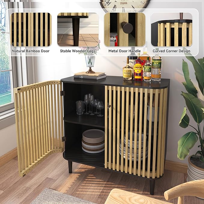 Sideboard Buffet Cabinet with Slatted Bamboo Doors, 31.5" Accent Storage Cabinet with Curved Design, Coffee Bar Cabinet Credenzas for Living Room, Kitchen, Entryway