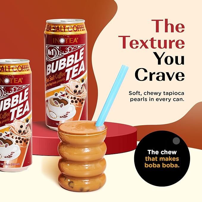 Inotea Bubble Tea with Tapioca Pearls - Delicious, Instant Boba Tea - Ready-to-Drink Black Milk Tea - Comes in Large 16.6 oz Cans - Enjoy Real Boba Without the Long Lines - Sea Salt Coffee - 12 pack