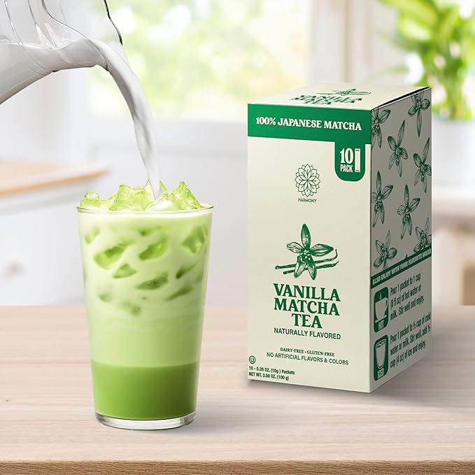 The Harmony Matcha Vanilla (10 Sticks) Premium Sweetened Japanese Matcha Powder, Rich in Antioxidants & L-Theanine, Dairy, Gluten, & Preservative Free, Serve Hot or Iced