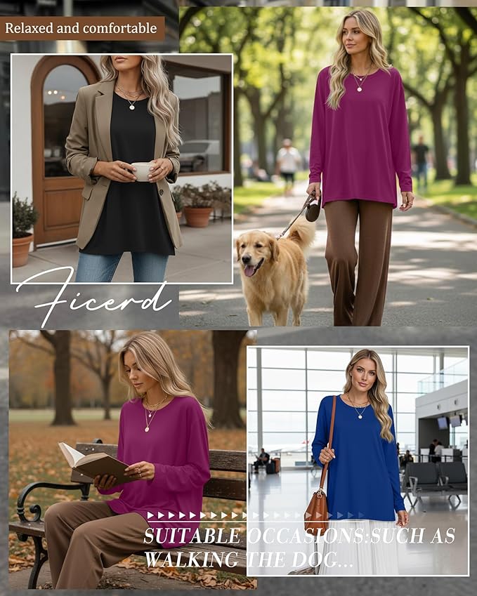 Ficerd 3 Pack Women's Oversized Long Sleeve Shirts Cotton Gym Round Neck Tops Loose Fit Casual Workout Baggy Fall Basic Tee