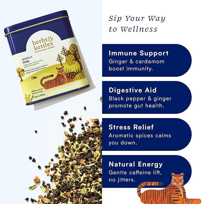 Herbs & Kettles Masala Chai | Authentic Indian Chai Tea with Assam Black Tea, Ginger, Cardamom, Cinnamon, Cloves & Black Pepper | Loose Leaf | Makes 16-20 Servings | Premium Gourmet Tea Gift