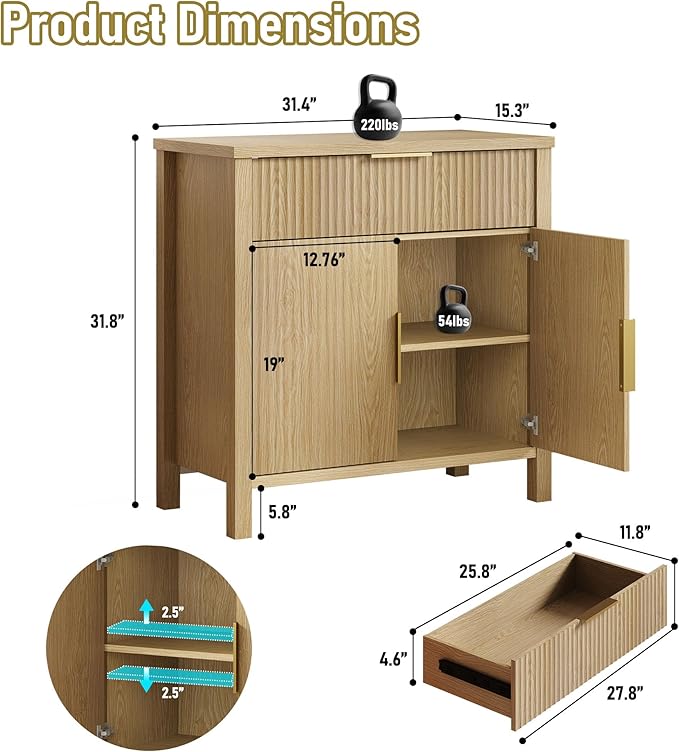 Fluted Buffet Cabinet with Drawers,32'' Sideboard Storage Cupboard Adjustable Shelves for Dinning Room, Kitchen, Living Room,Coffee Bar (32''-Wood)