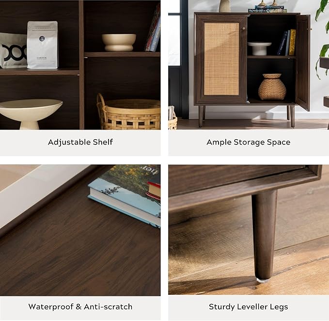 Natural Rattan Cabinet Sideboard with Storage, Boho Free Standing Buffet Kitchen Coffee Bar Accent Cabinet Farmhouse Credenza for Entryway, Living Room (Square Doors/Brown)