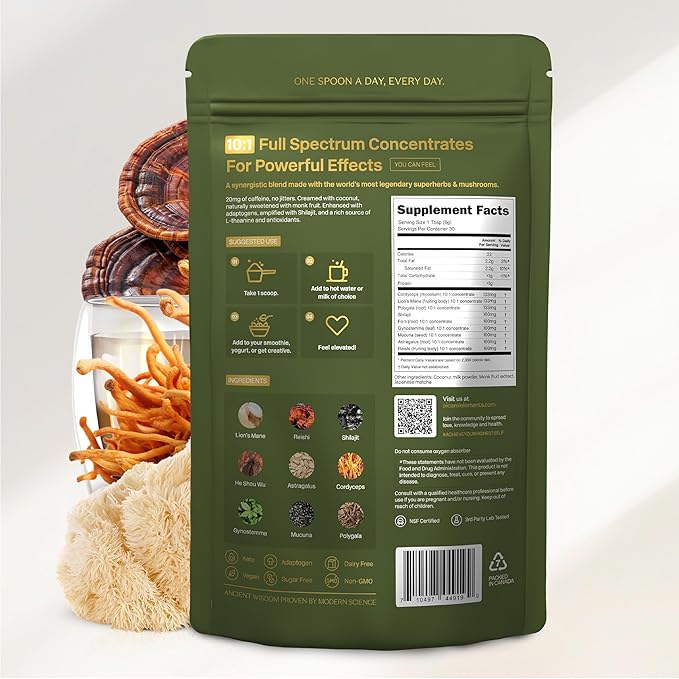 Matcha Mushroom Coffee Superfood Blend, 10X Concentrated Extract, with Lion's Mane, Reishi & Cordyceps, Energy & Focus Support, 30 Servings, Premium Supplement Powder