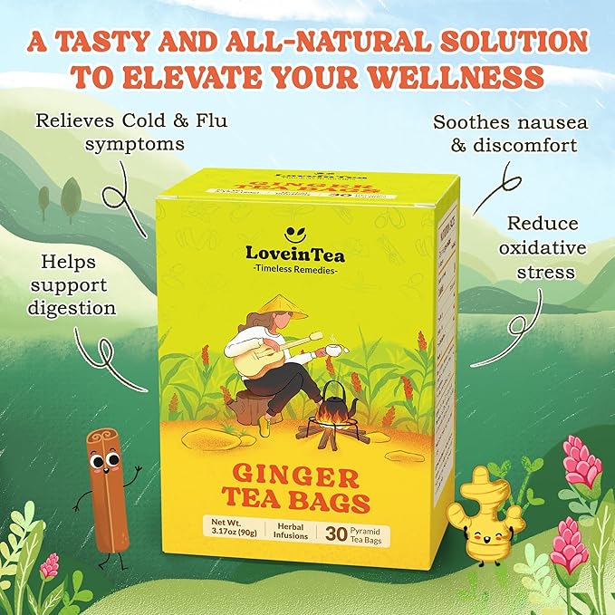 LoveinTea Ginger Herbal Tea Bags, 100% Natural Vietnamese Ginger Blend, Plant-Based Pyramid Bags, 30 Count