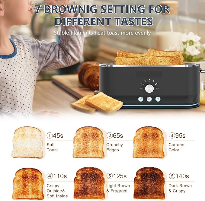 4-Slice Toaster, 7 Browning Settings, Removable Crumb Tray, Full body Stainless Steel Housing 1350W ，Anti-Fingerprint & Anti-Jam,Black