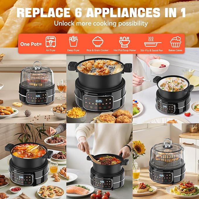 5QT Air Fryer & Multi-Cooker Combo - 12-in-1 Electric Hot Pot, Rice Cooker, Steamer with Removable Air Fry Basket & Soup Pot, 1800W, Dishwasher Safe