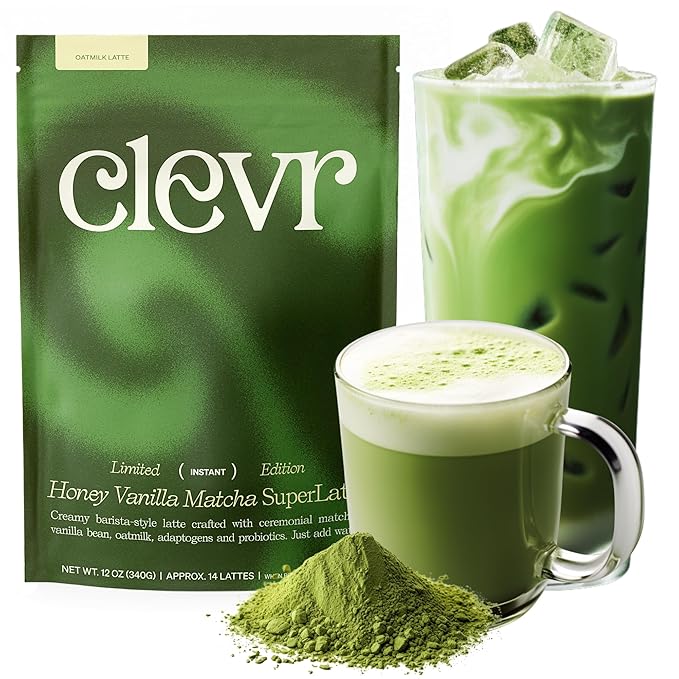 Clevr Organic Honey Vanilla Matcha SuperLatte, Instant Ceremonial Grade, Superfood Powder Blend, Oat Milk, Lions Mane, Reishi Mushroom, Coconut Cream, Ashwagandha, Serve Hot or Iced (14 Lattes)