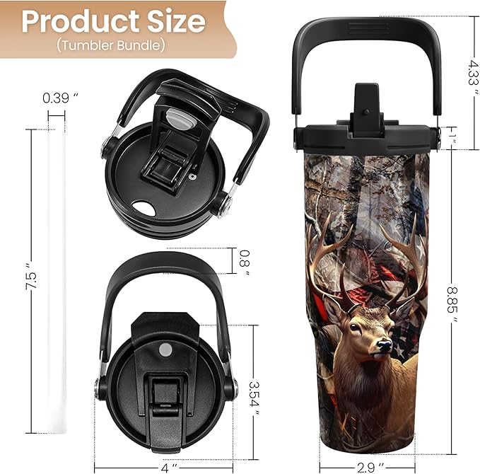 SANDJEST Hunting Gift for Men, Deer Hunting Tumbler with Handle, 30oz Flip Straw Stainless Steel Insulated Coffee Travel Cup, Gifts for Hunter Dad Grandpa for Birthday Christmas Fathers Day