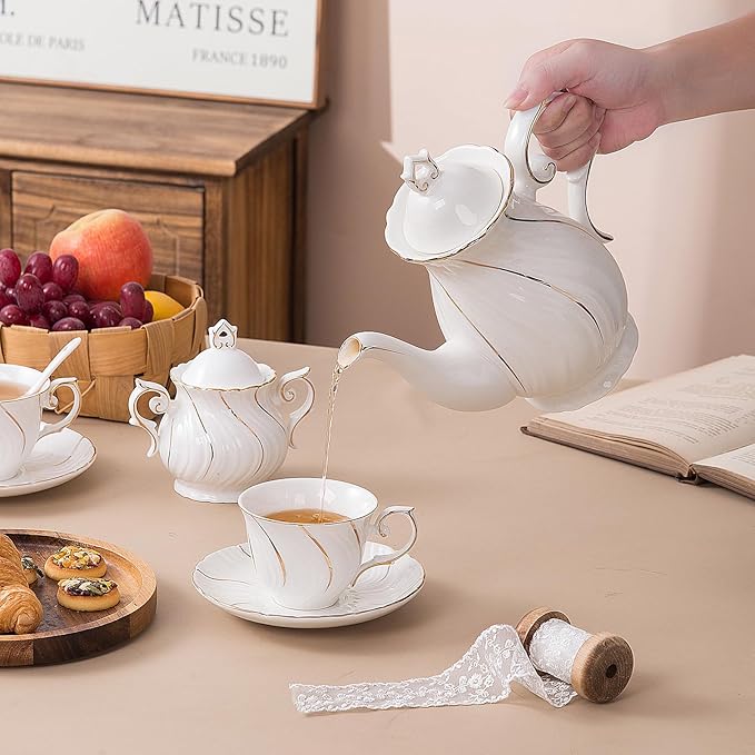 Tea Set 21-Piece Porcelain tea cups and saucers set of 6 with Sugar and Creamer Set & Teapot,teapot set for Adults, Women Tea Party,White