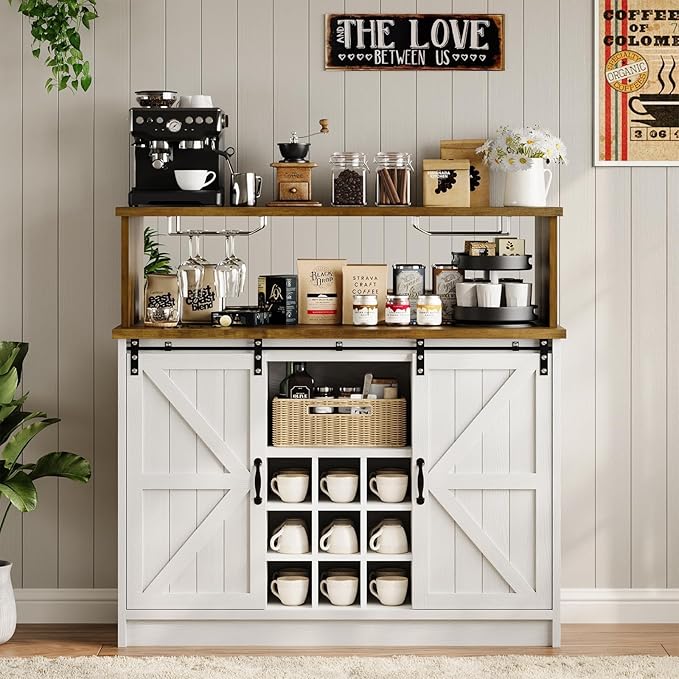 4ever2buy Farmhouse Coffee Bar with LED Lights, 47 inch Coffee Bar Cabinet with Storage, Wine Bar Cabinet with Wine and Glass Rack for Living, Dining Room, White