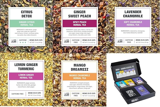 Tiesta Tea - Top Loose Leaf Tea Gift Box, High to Non-Caffeinated Assorted Blends, 5 Pouched Bags for Hot & Iced Brews Variety Pack, Green, Herbal, Black & Fruit