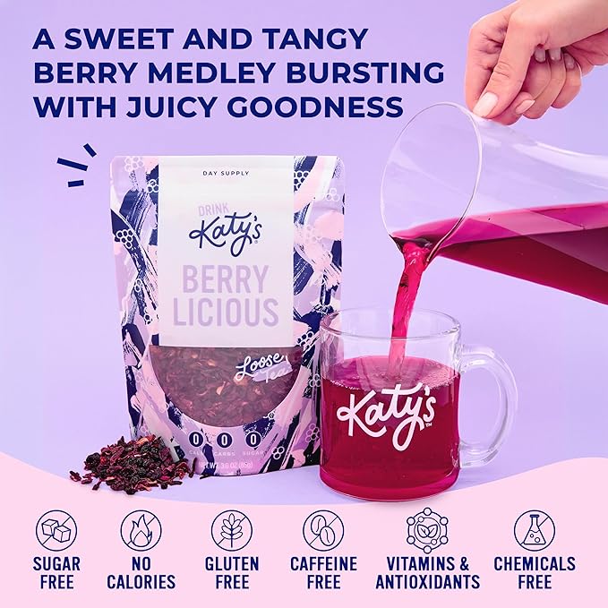 Katy’s® Berrylicious Loose Leaf Tea | Hibiscus, Blueberry & Cranberry | Fruity Herbal Tea | Caffeine-Free Fruit Tea | Cold Brew or Hot | 30+ Cups | Antioxidant-Rich | Woman-Owned | 3oz Pouch
